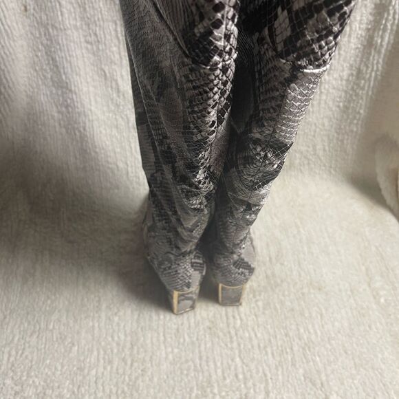 Bamboo synthetic Snakeskin Print beige & gray thigh high block Heels boots SZ8 - Picture 5 of 13